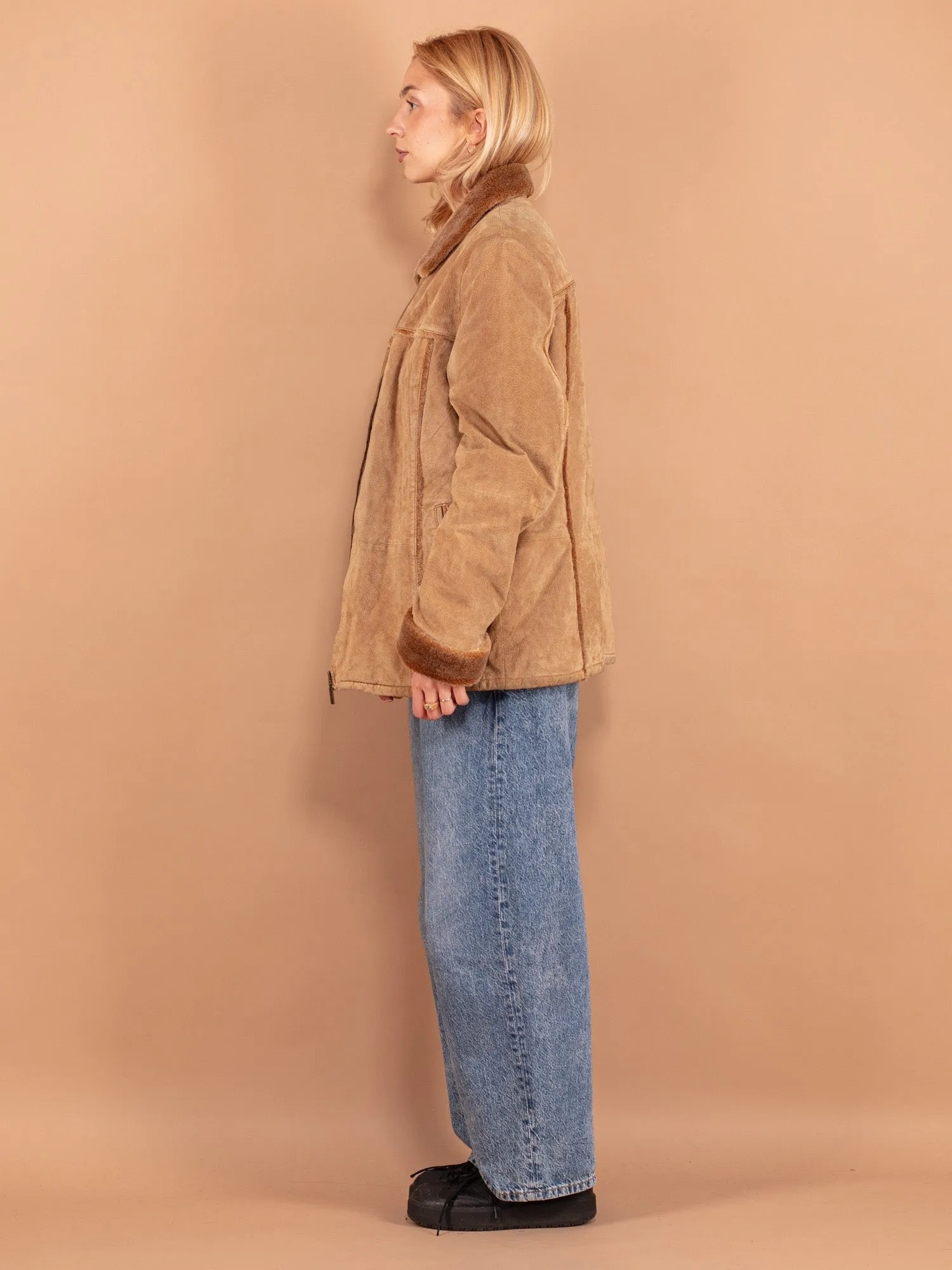 Vintage 90's Women Suede Sherpa Jacket in Beige