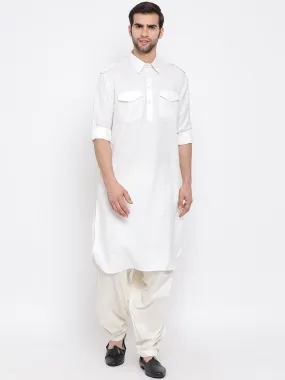 VM By VASTRAMAY Men's Cream Cotton Blend Pathani Suit Set