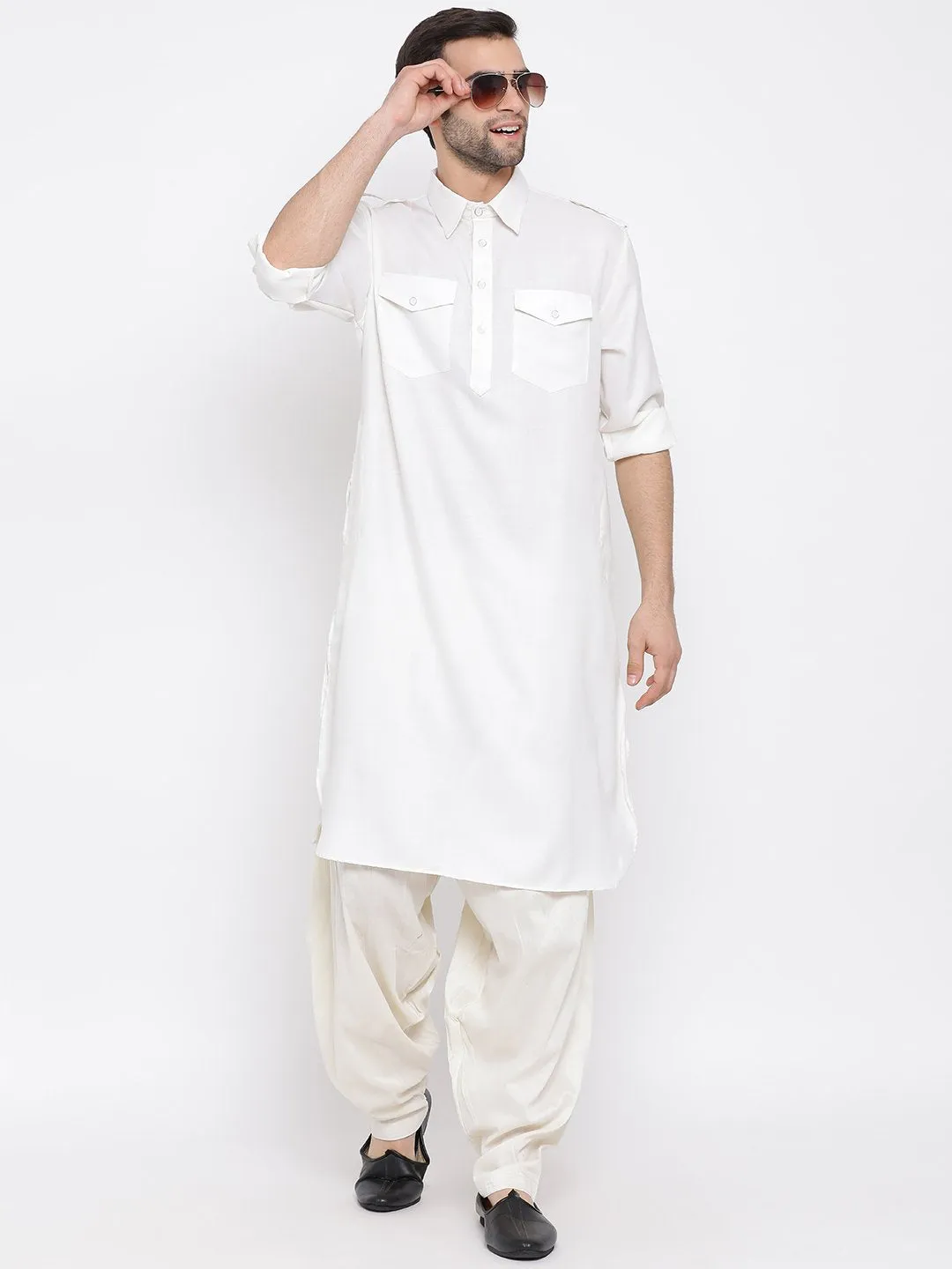 VM By VASTRAMAY Men's Cream Cotton Blend Pathani Suit Set