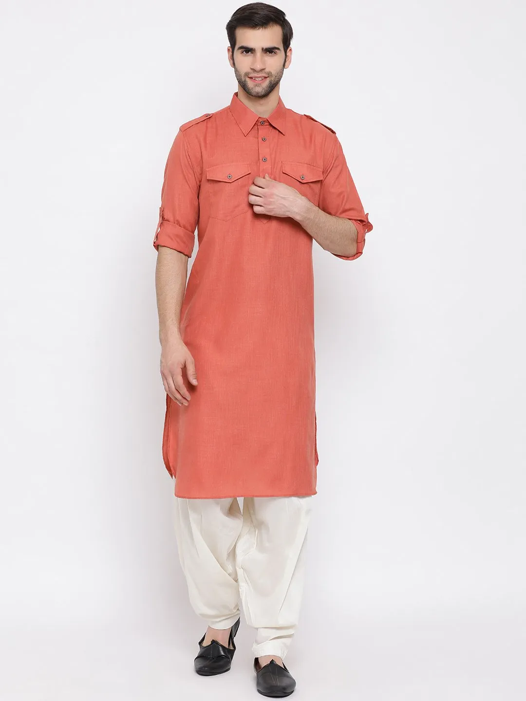 VM By VASTRAMAY Men's Pink Cotton Blend Pathani Suit Set