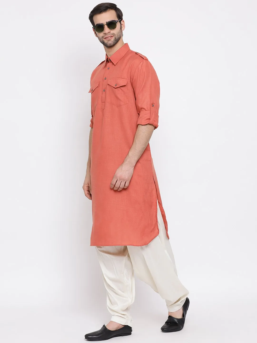 VM By VASTRAMAY Men's Pink Cotton Blend Pathani Suit Set