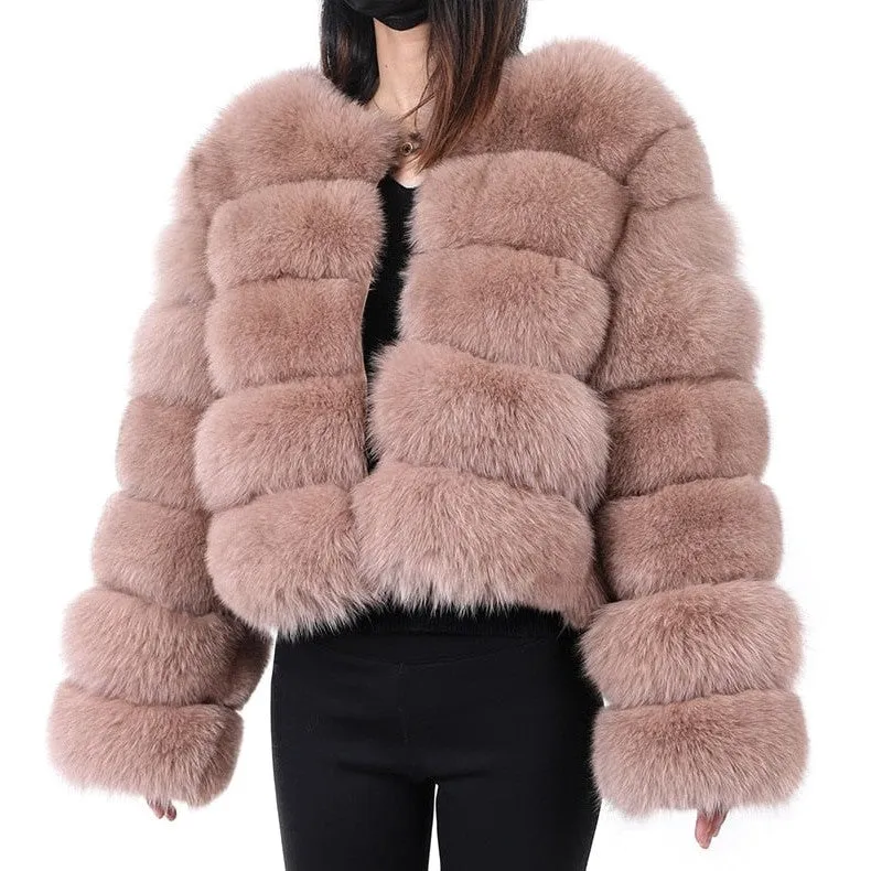 Winter Real Fox Raccoon Fur Long Sleeve Leather Jacket for Women