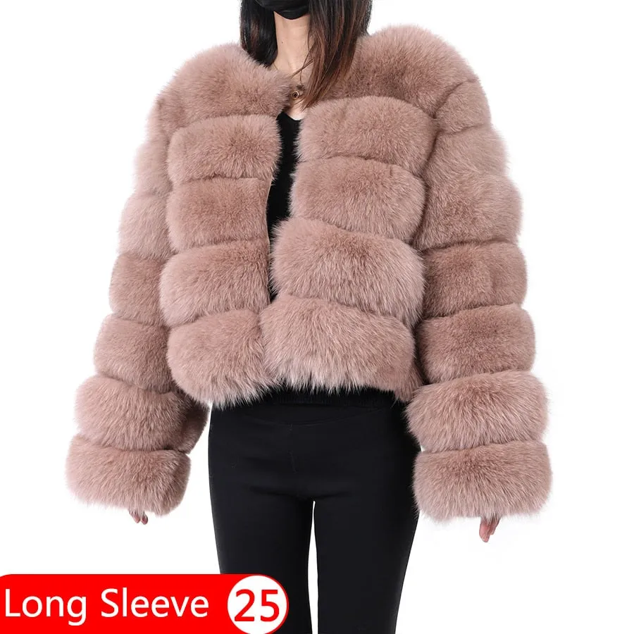 Winter Real Fox Raccoon Fur Long Sleeve Leather Jacket for Women