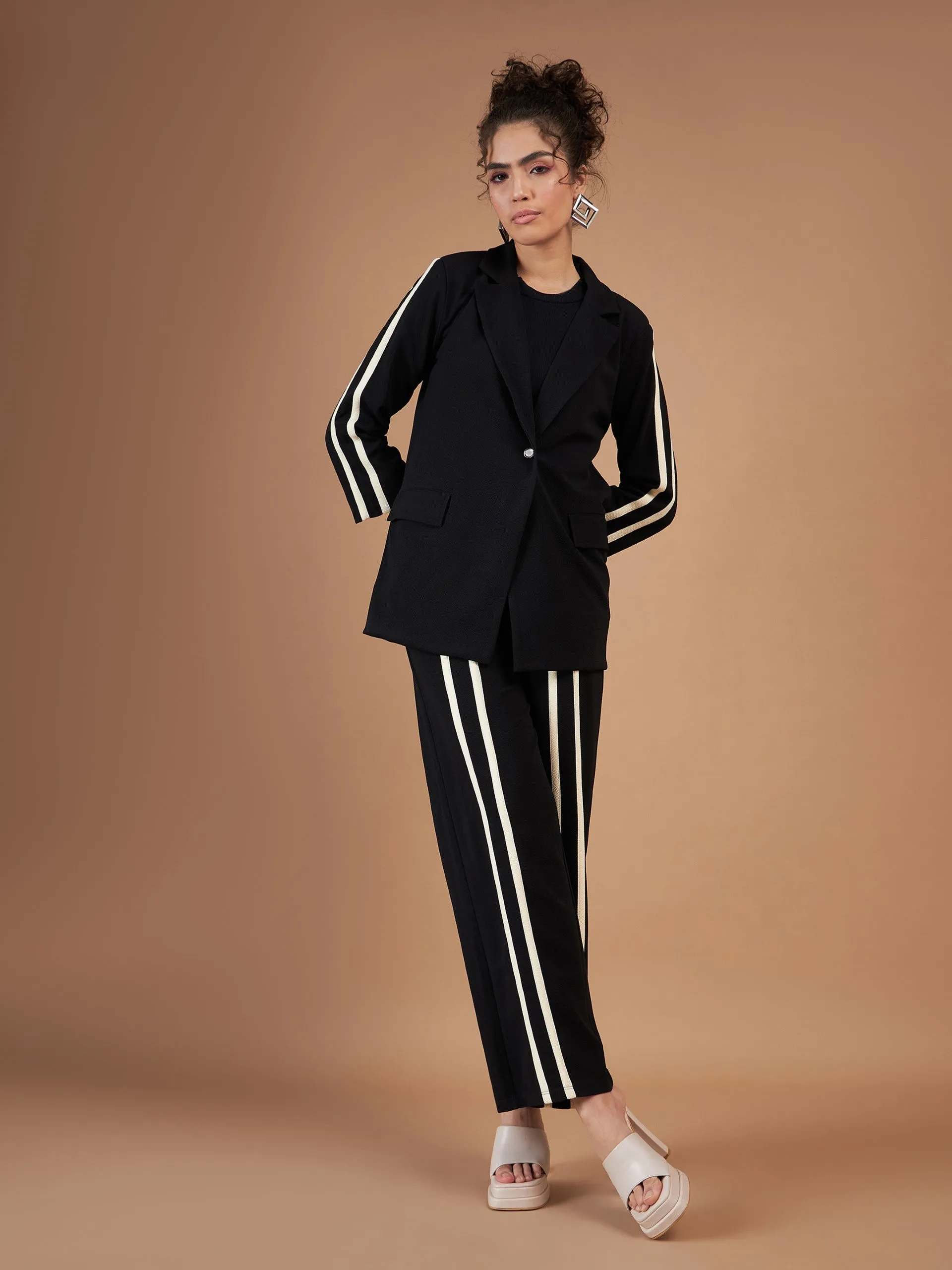 Women Black Contrast Tape Blazer With Straight Pants