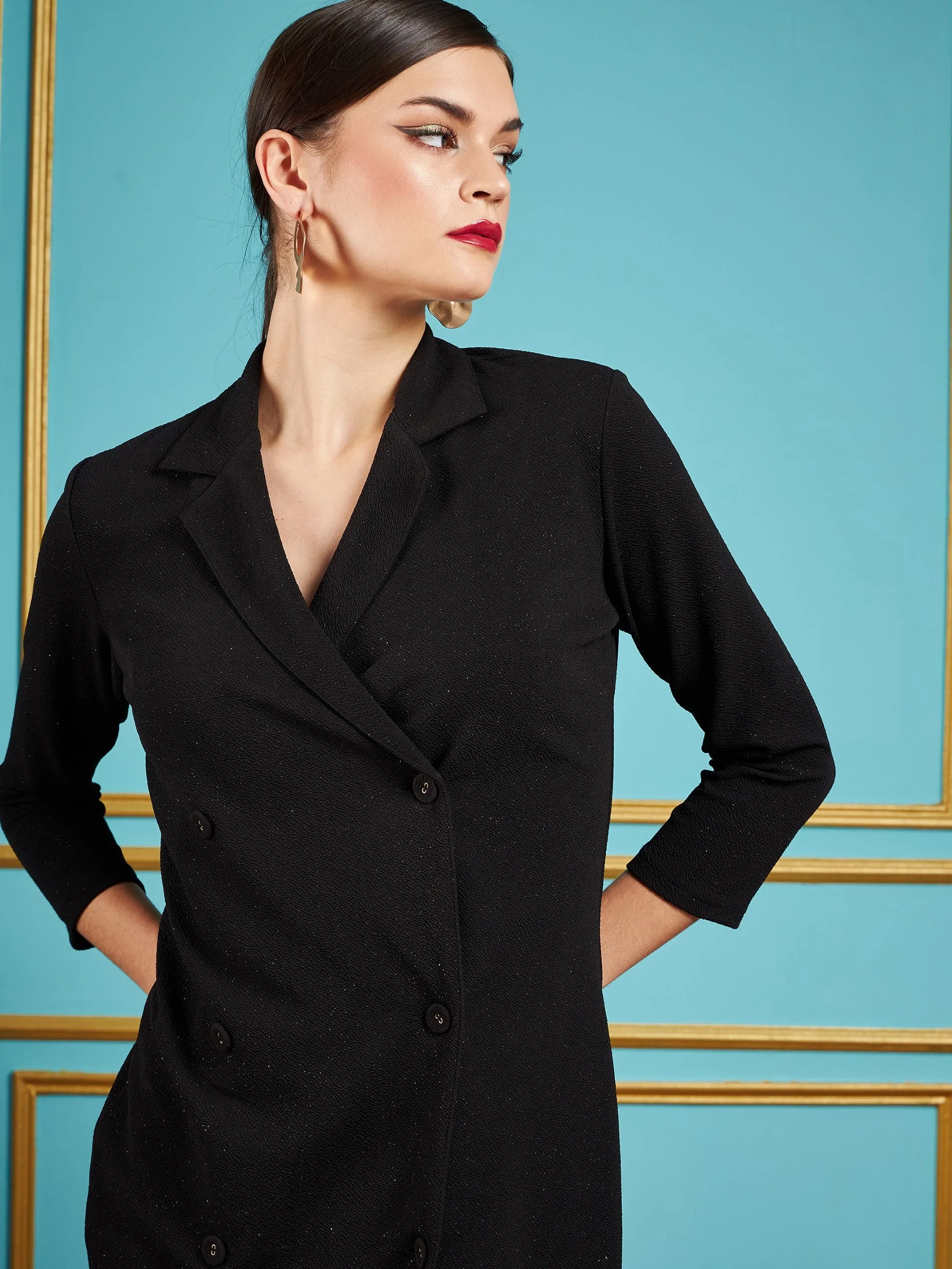 Women Black Gliiter Double Breasted Blazer Dress