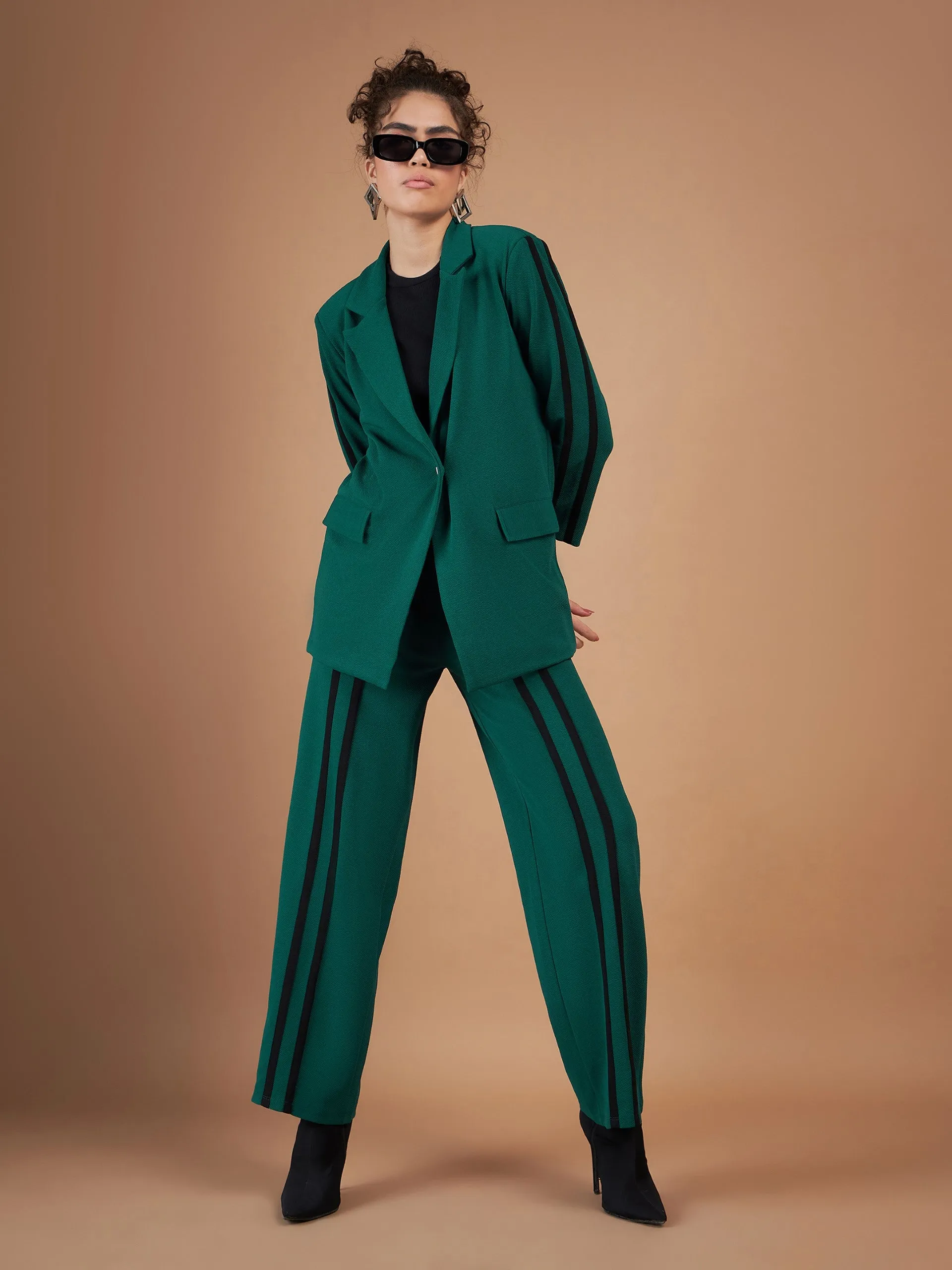 Women Emerald Contrast Tape Blazer With Straight Pants