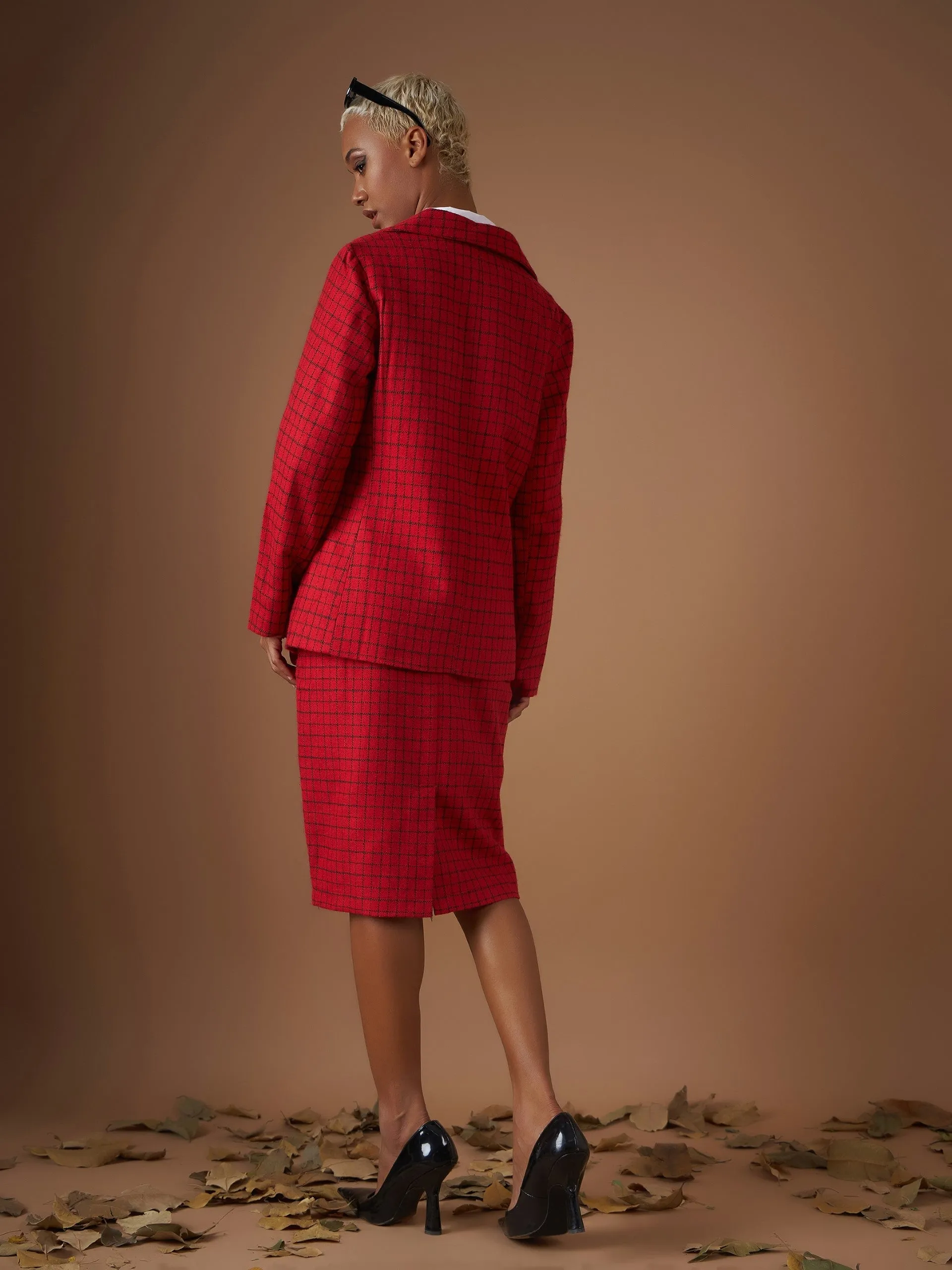 Women Red Check Jacquard Tweed Notch Collar Blazer