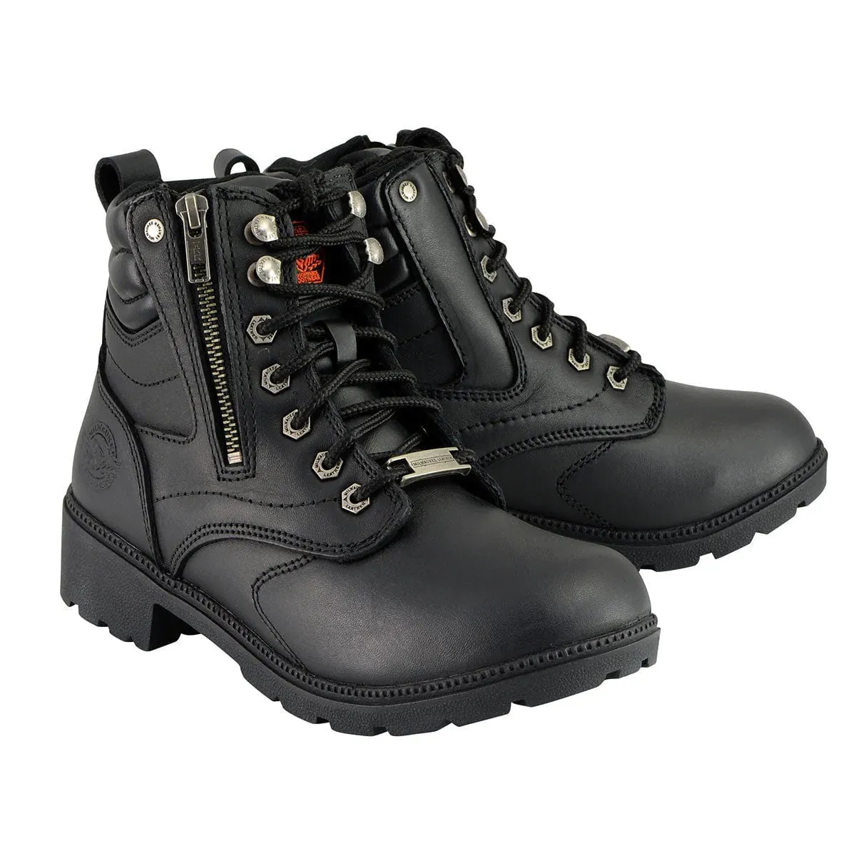 Women's Black Leather Lace-Up Biker Boots w/ Side Zipper