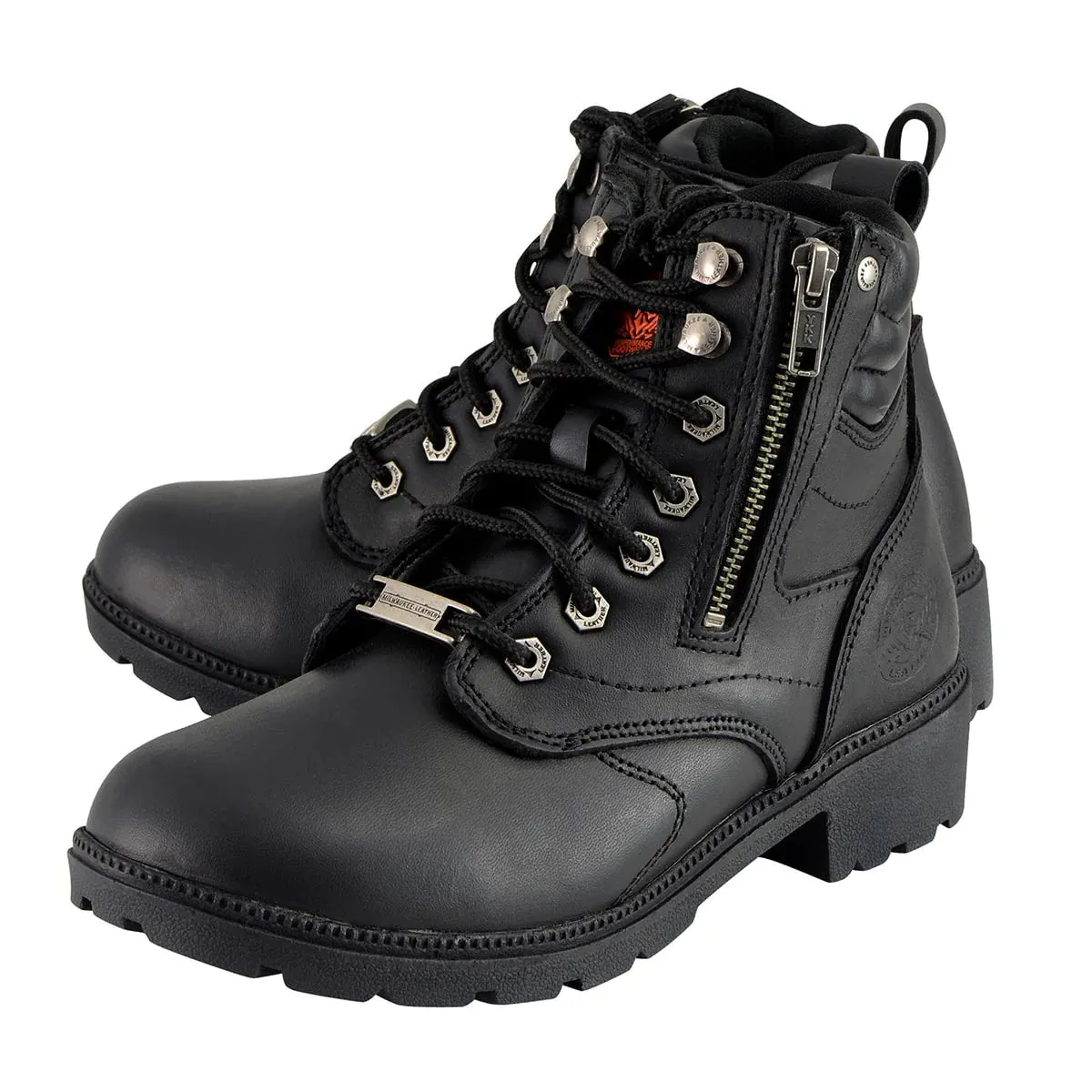 Women's Black Leather Lace-Up Biker Boots w/ Side Zipper