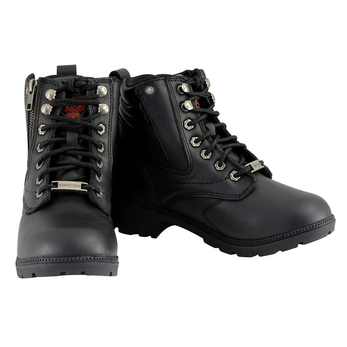 Women's Black Leather Lace-Up Biker Boots w/ Side Zipper