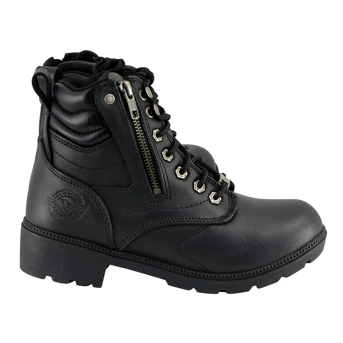 Women's Black Leather Lace-Up Biker Boots w/ Side Zipper