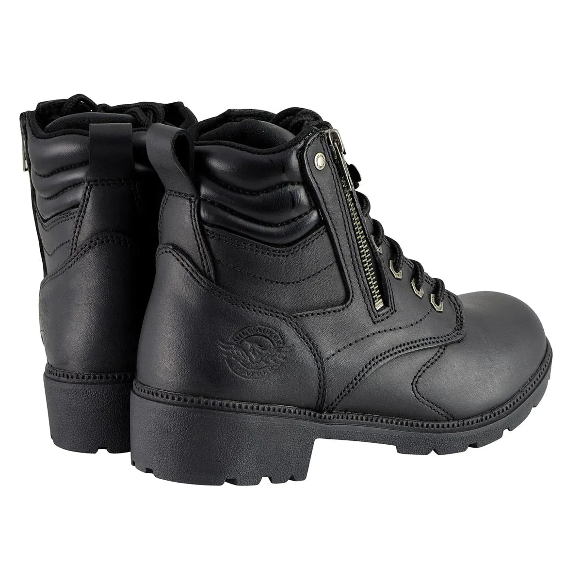 Women's Black Leather Lace-Up Biker Boots w/ Side Zipper