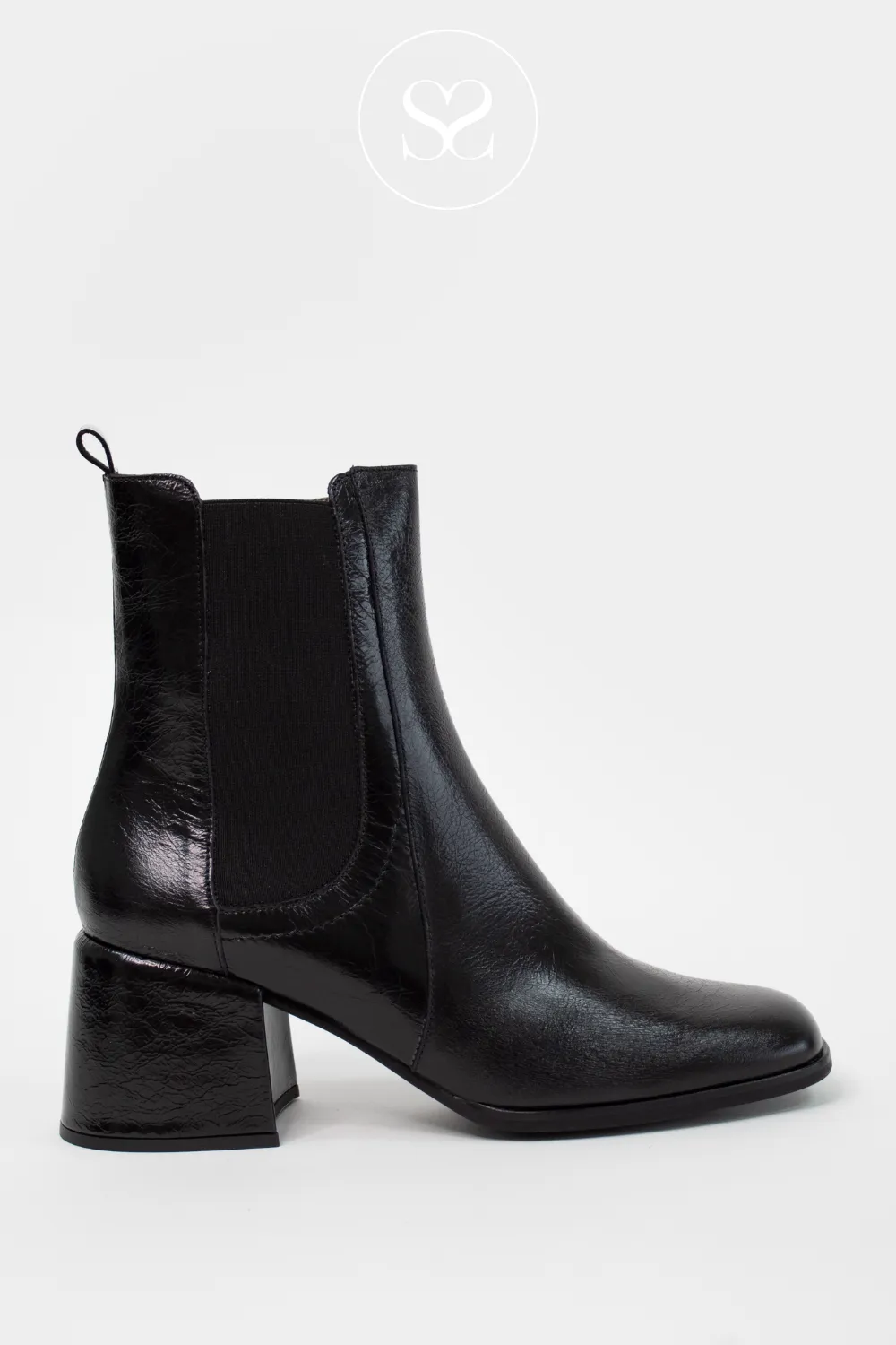 WONDERS H-6403 BLACK PATENT LEATHER BLOCK HEEL CHELSEA BOOTS