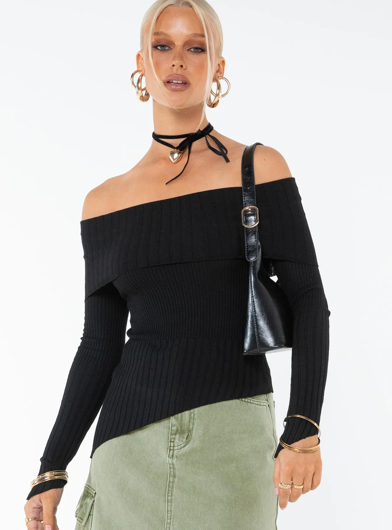 Wyandra Off The Shoulder Knit Jumper Black