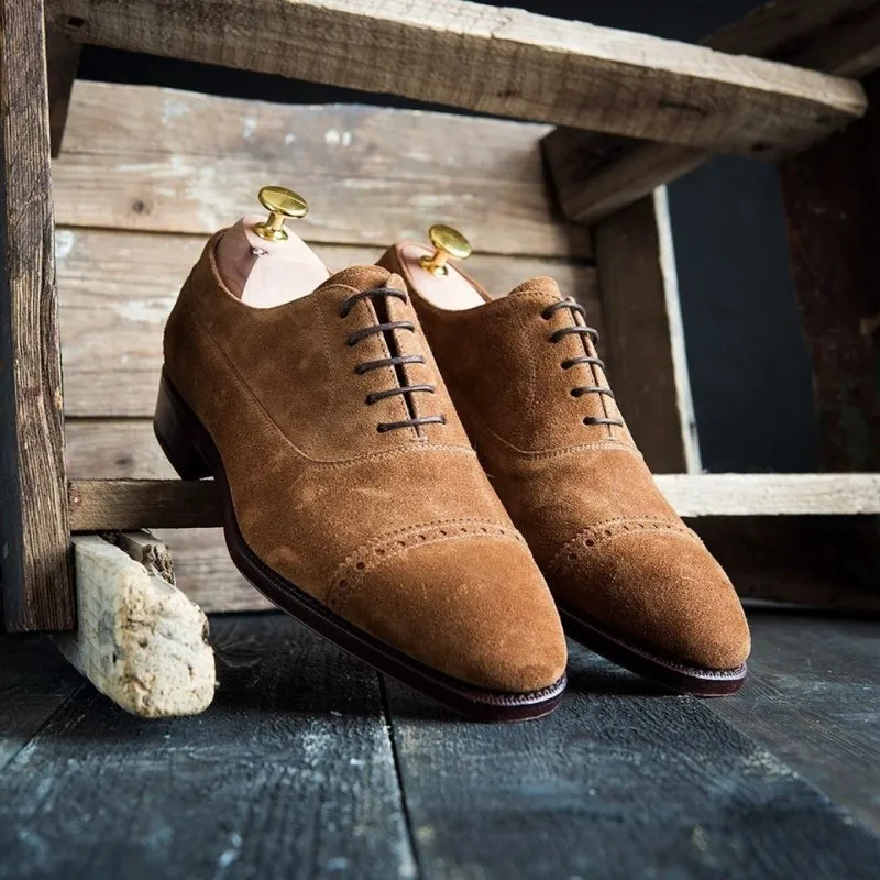 Yanko brogued cap toe balmoral oxford light brown suede