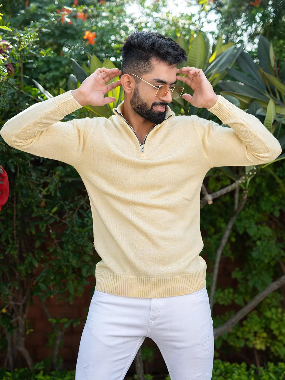 Yellow Color Classic Zipper Men's Sweater