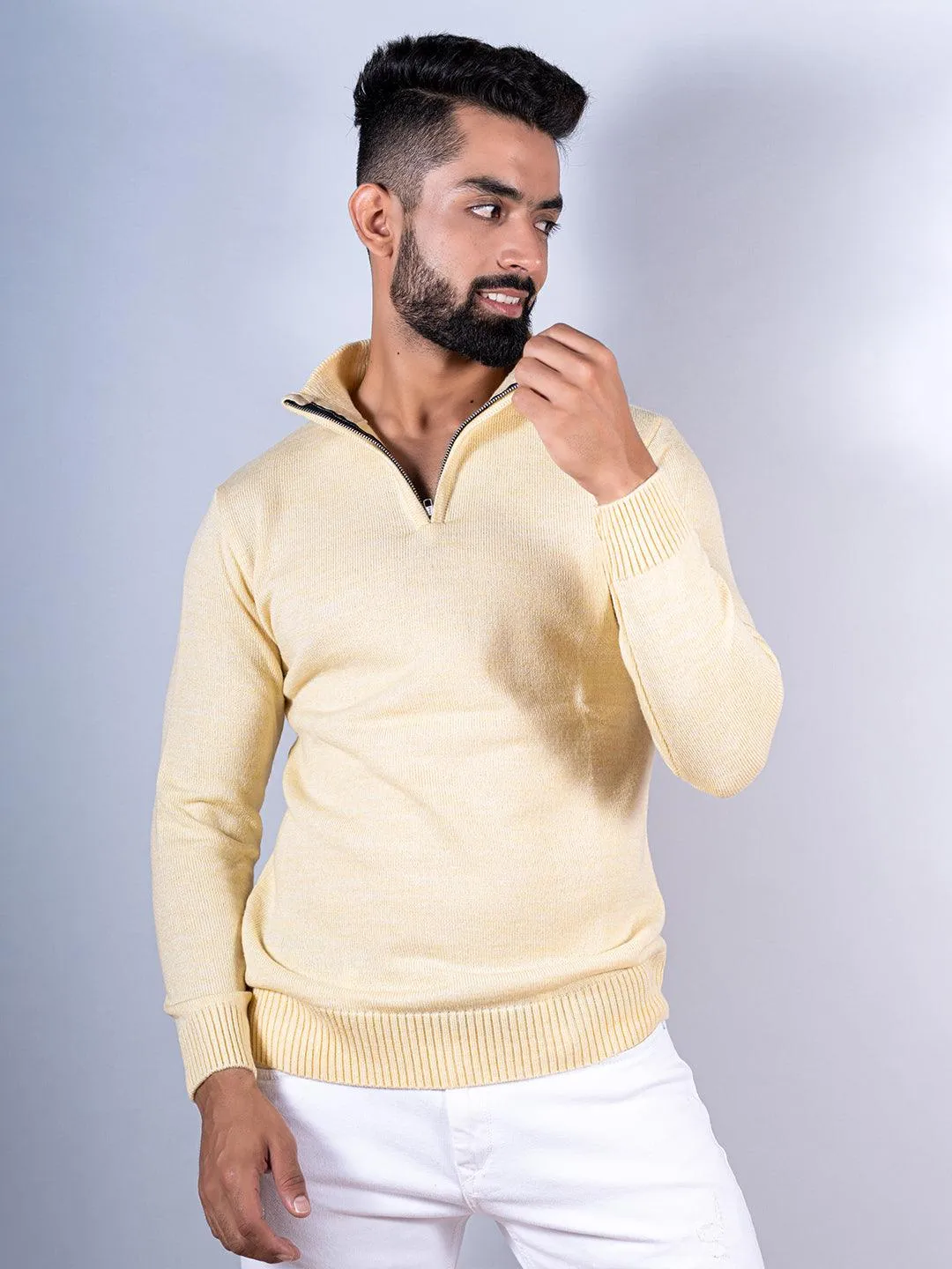 Yellow Color Classic Zipper Men's Sweater