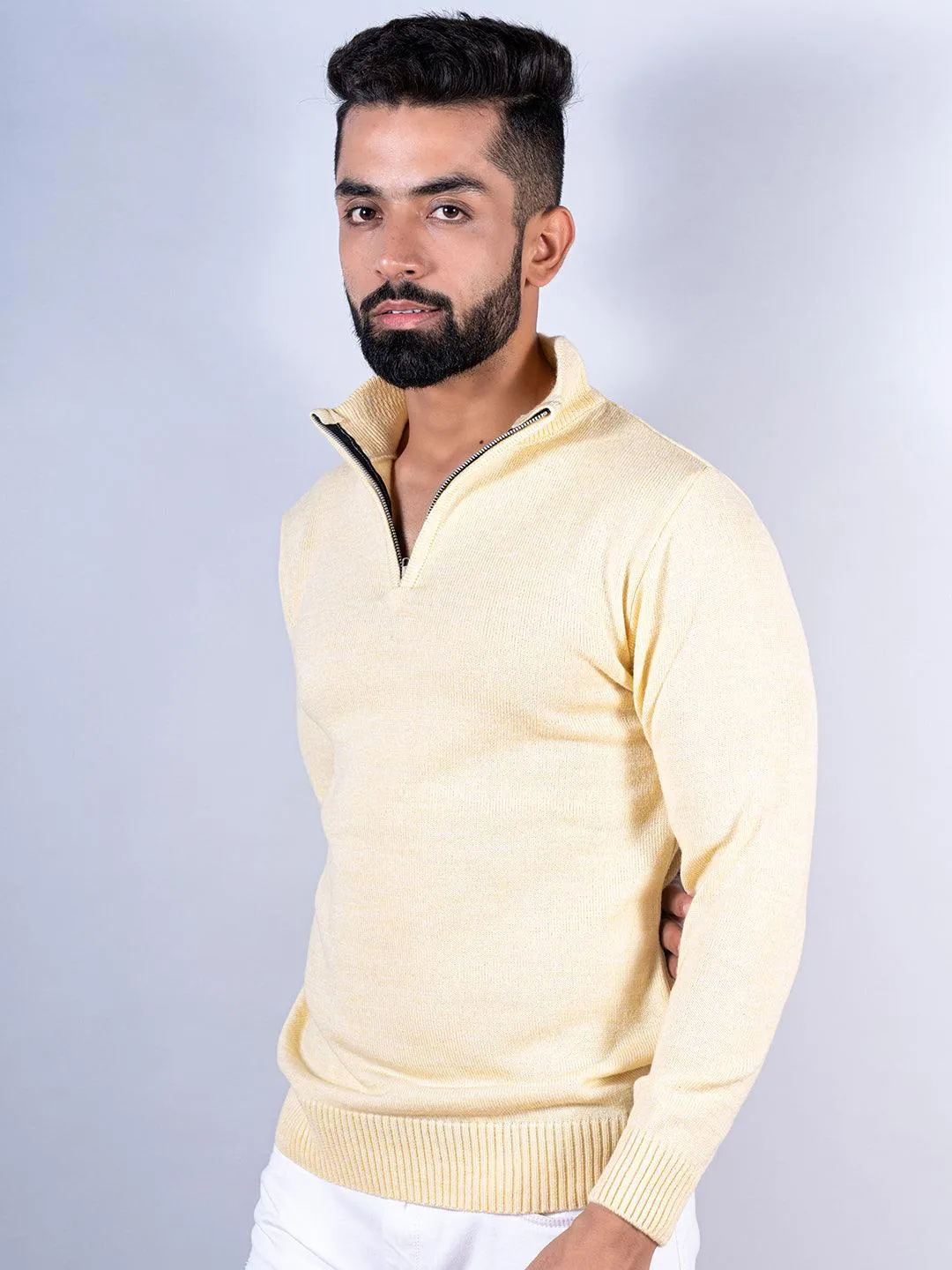 Yellow Color Classic Zipper Men's Sweater