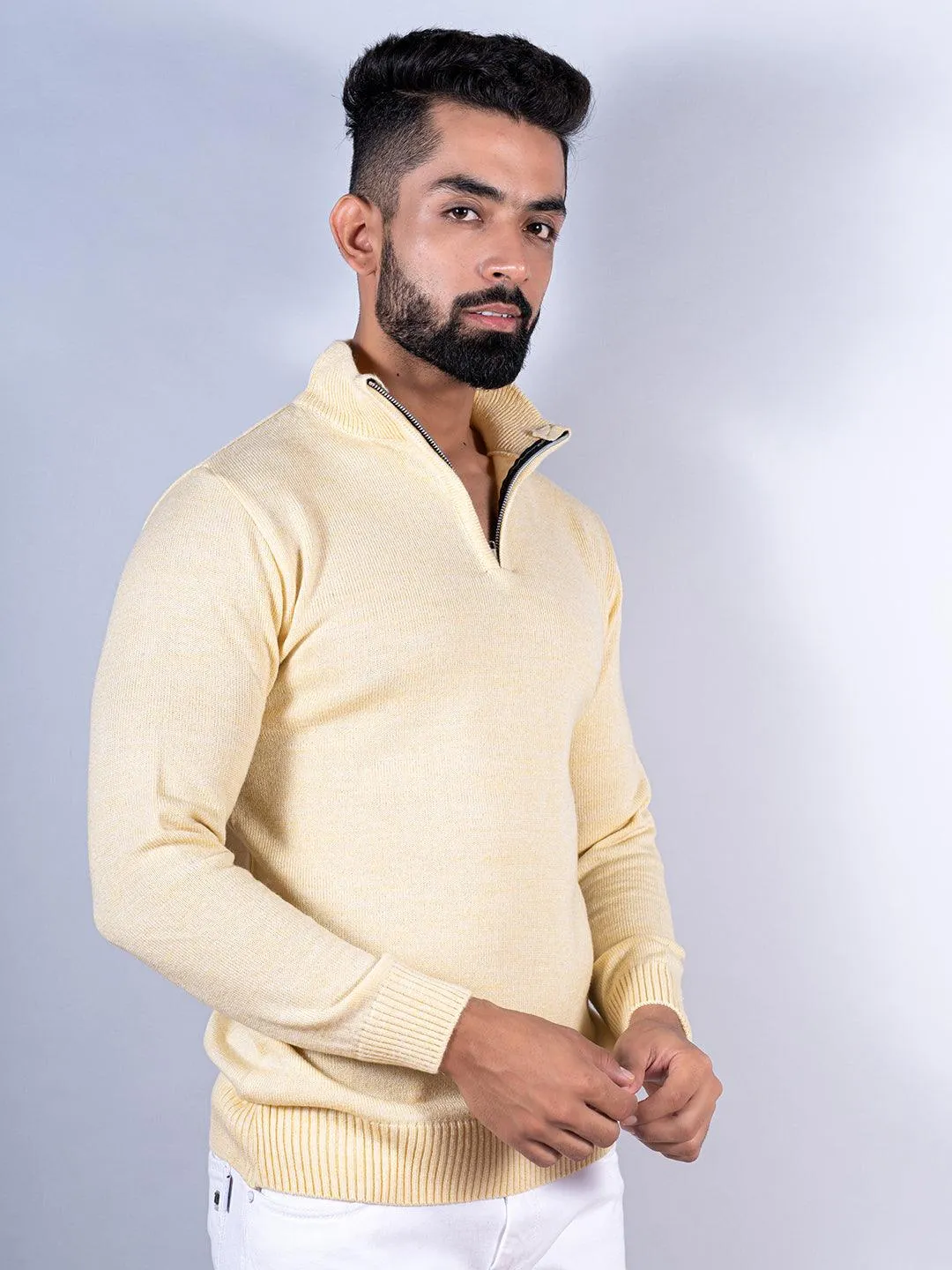 Yellow Color Classic Zipper Men's Sweater