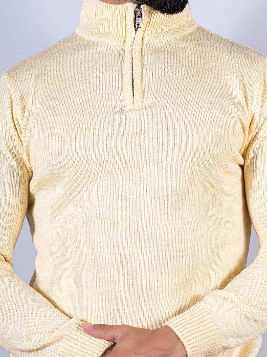 Yellow Color Classic Zipper Men's Sweater